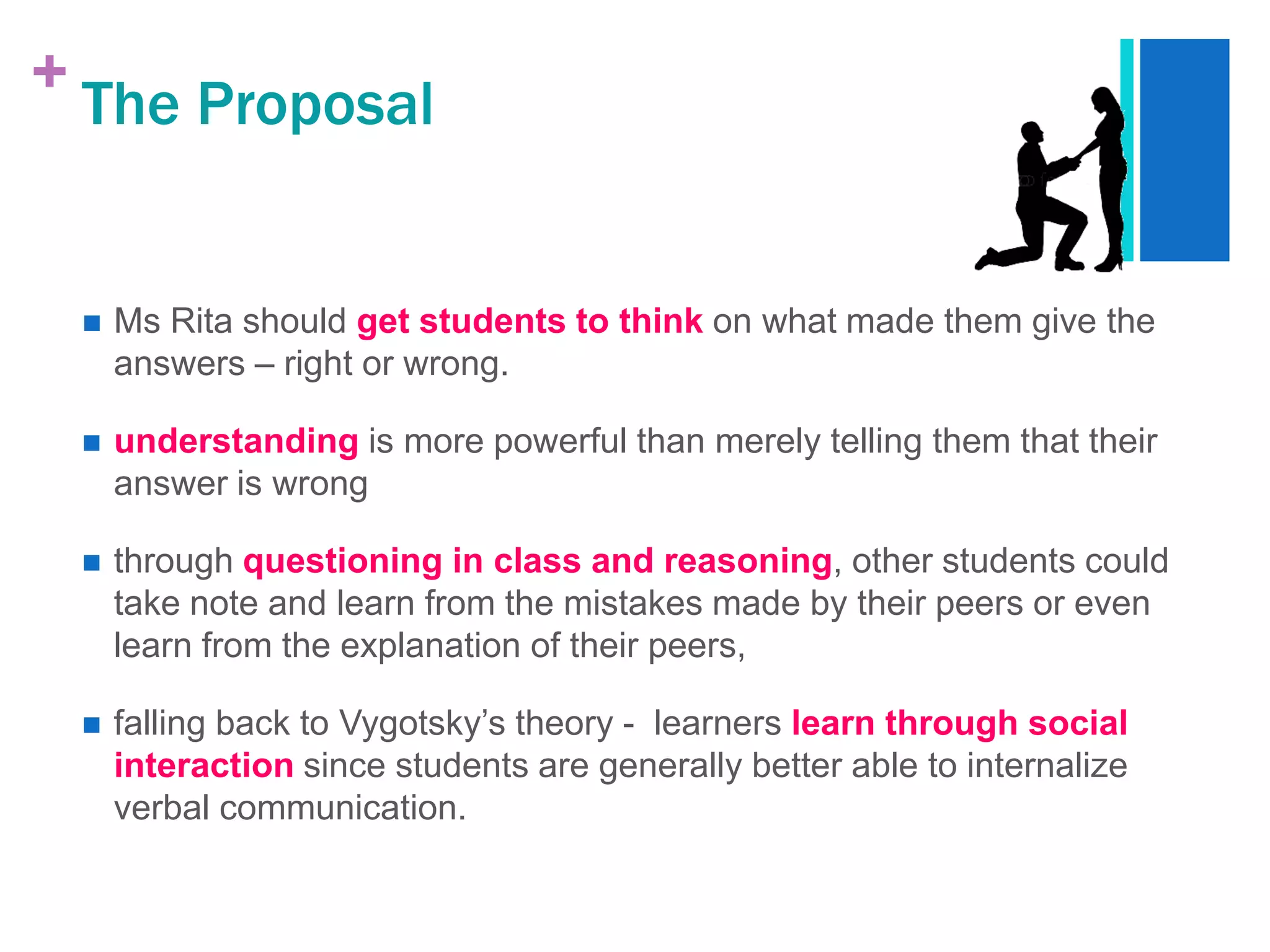 + The Proposal


    Ms Rita should get students to think on what made them give the
     answers – right or wrong.

    understanding is more powerful than merely telling them that their
     answer is wrong

    through questioning in class and reasoning, other students could
     take note and learn from the mistakes made by their peers or even
     learn from the explanation of their peers,

    falling back to Vygotsky‟s theory - learners learn through social
     interaction since students are generally better able to internalize
     verbal communication.
 