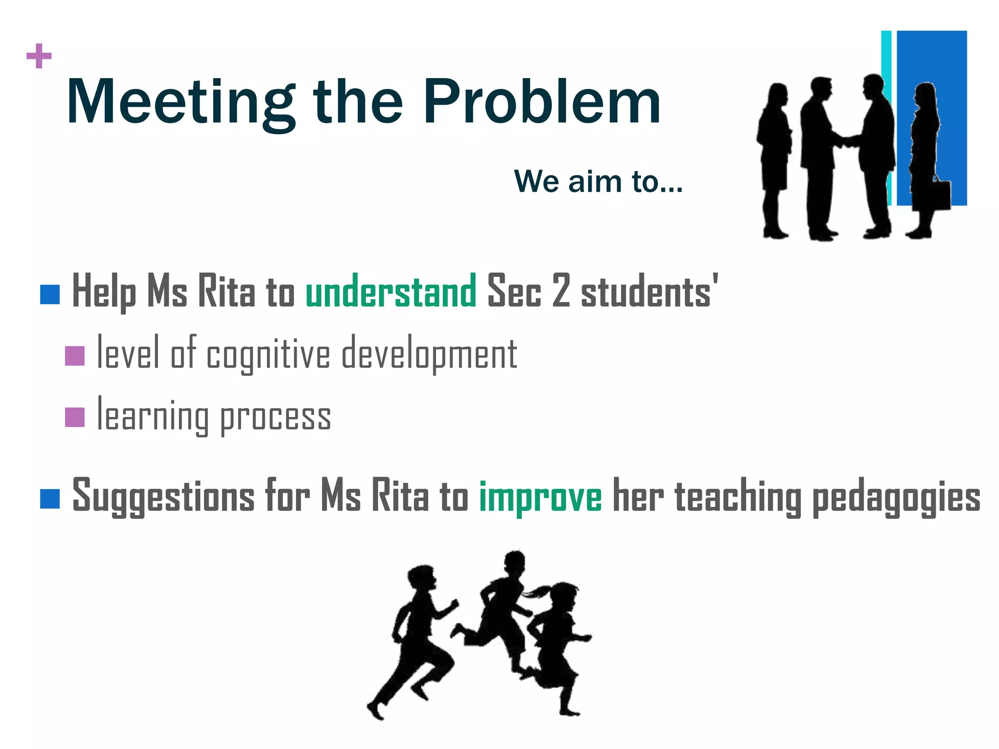 +
    Meeting the Problem
                                   We aim to…


 Help Ms Rita to understand Sec 2 students'
     level of cognitive development
     learning process

 Suggestions for Ms Rita to improve her teaching pedagogies
 