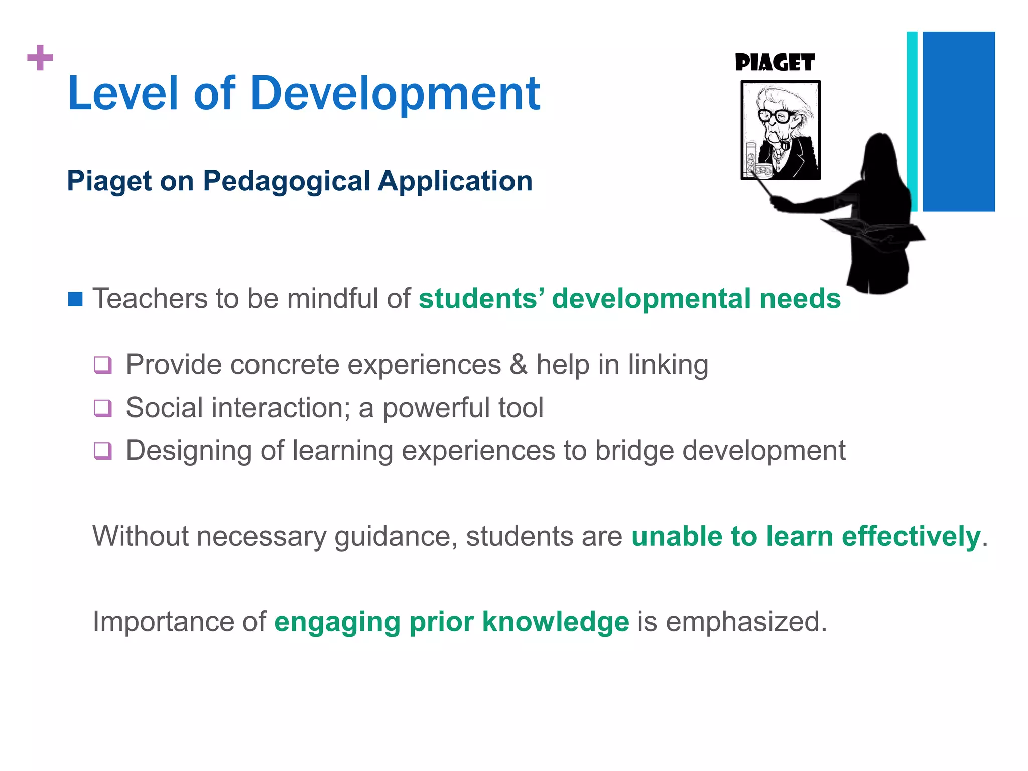 +                                                       Piaget
    Level of Development
    Piaget on Pedagogical Application



     Teachers to be mindful of students’ developmental needs

      Provide concrete experiences & help in linking
      Social interaction; a powerful tool
      Designing of learning experiences to bridge development


     Without necessary guidance, students are unable to learn effectively.

     Importance of engaging prior knowledge is emphasized.
 