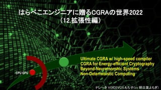 CPU GPU
Ultimate CGRA w/ high-speed compiler
CGRA for Energy-efficient Cryptography
Beyond-Neuromorphic Systems
Non-Deterministic Computing
1
ナレータ VOICEVOX:もち子(cv 明日葉よもぎ)
はらぺこエンジニアに贈るCGRAの世界2022
（12.拡張性編）
 