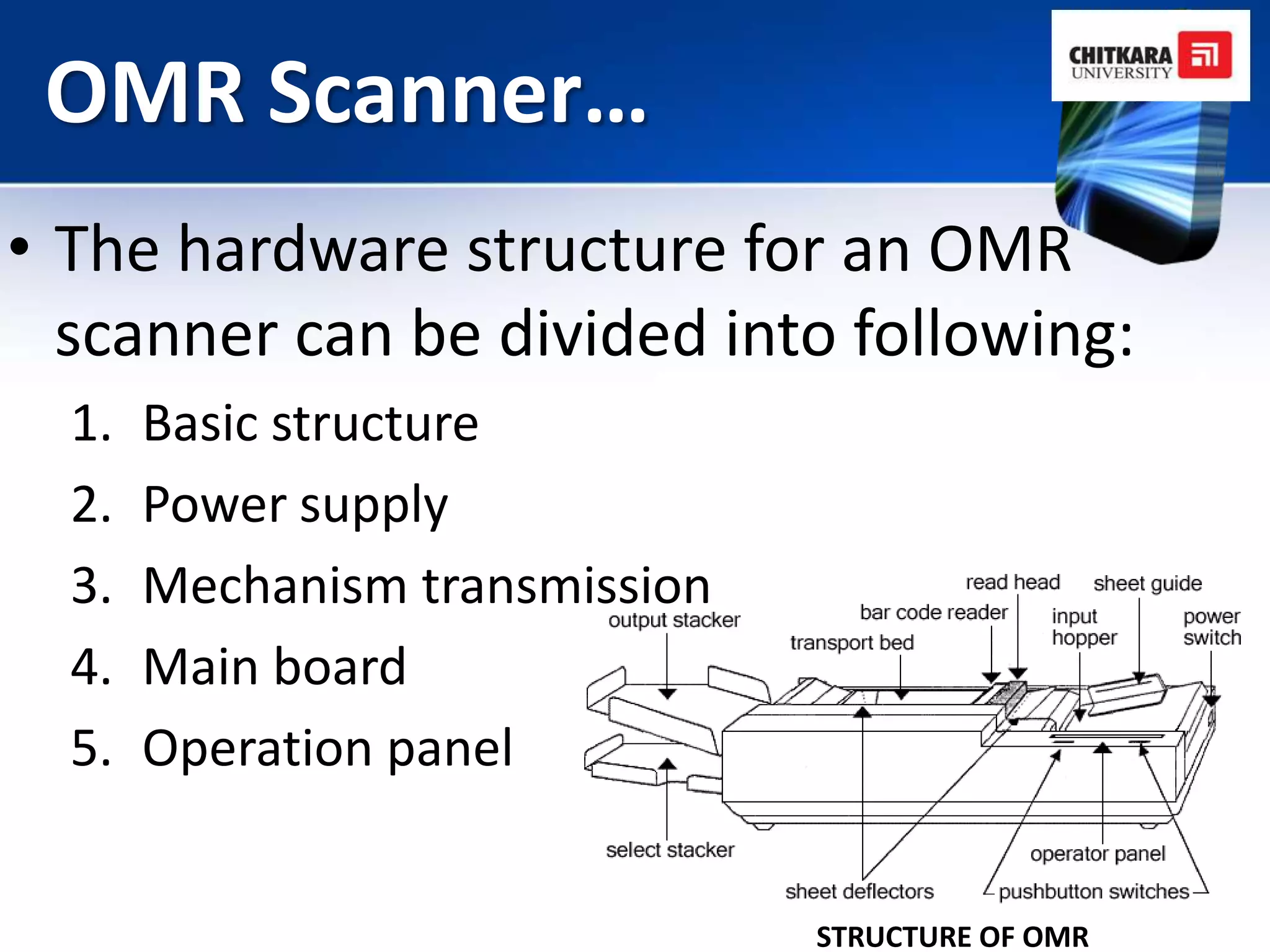 OMR Scanner…
• The hardware structure for an OMR
  scanner can be divided into following:
  1.   Basic structure
  2.   Power supply
  3.   Mechanism transmission
  4.   Main board
  5.   Operation panel


                                STRUCTURE OF OMR
 
