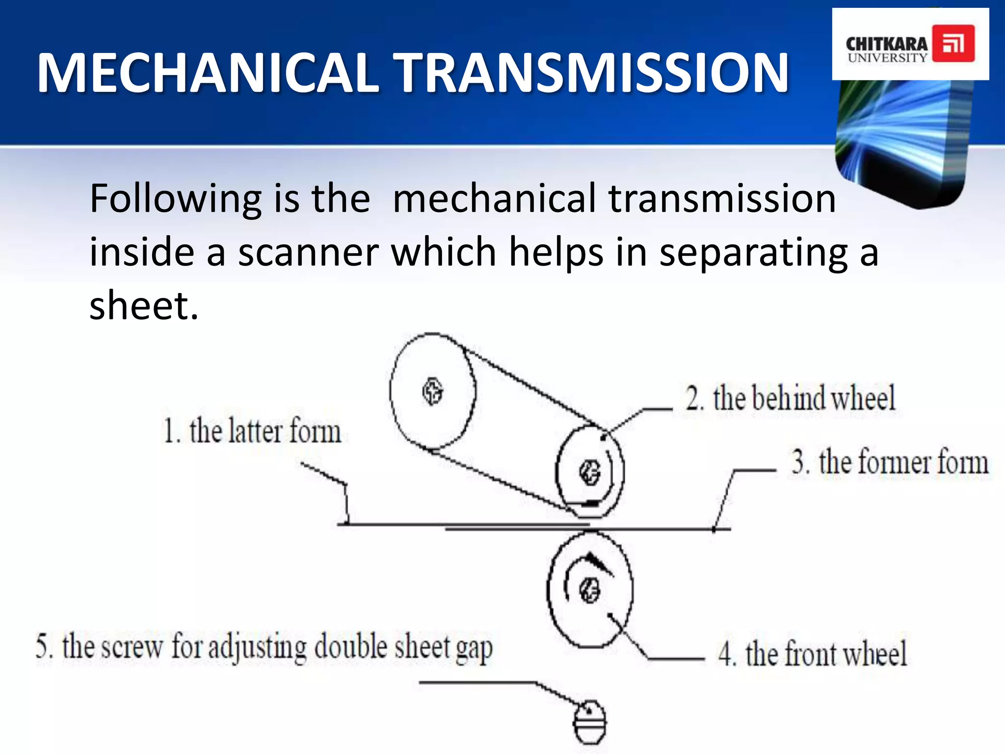 MECHANICAL TRANSMISSION
 Following is the mechanical transmission
 inside a scanner which helps in separating a
 sheet.
 