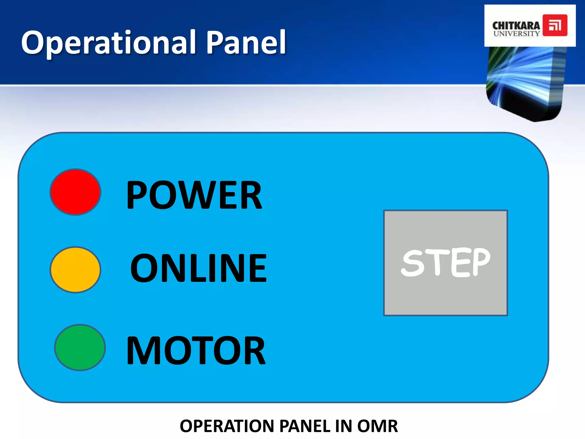 Operational Panel



      POWER
      ONLINE                       STEP

      MOTOR
          OPERATION PANEL IN OMR
 