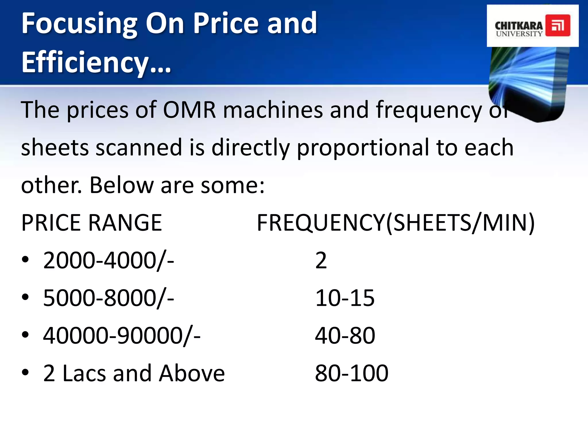Focusing On Price and
Efficiency…
The prices of OMR machines and frequency of
sheets scanned is directly proportional to each
other. Below are some:
PRICE RANGE           FREQUENCY(SHEETS/MIN)
• 2000-4000/-                2
• 5000-8000/-                10-15
• 40000-90000/-              40-80
• 2 Lacs and Above           80-100
 