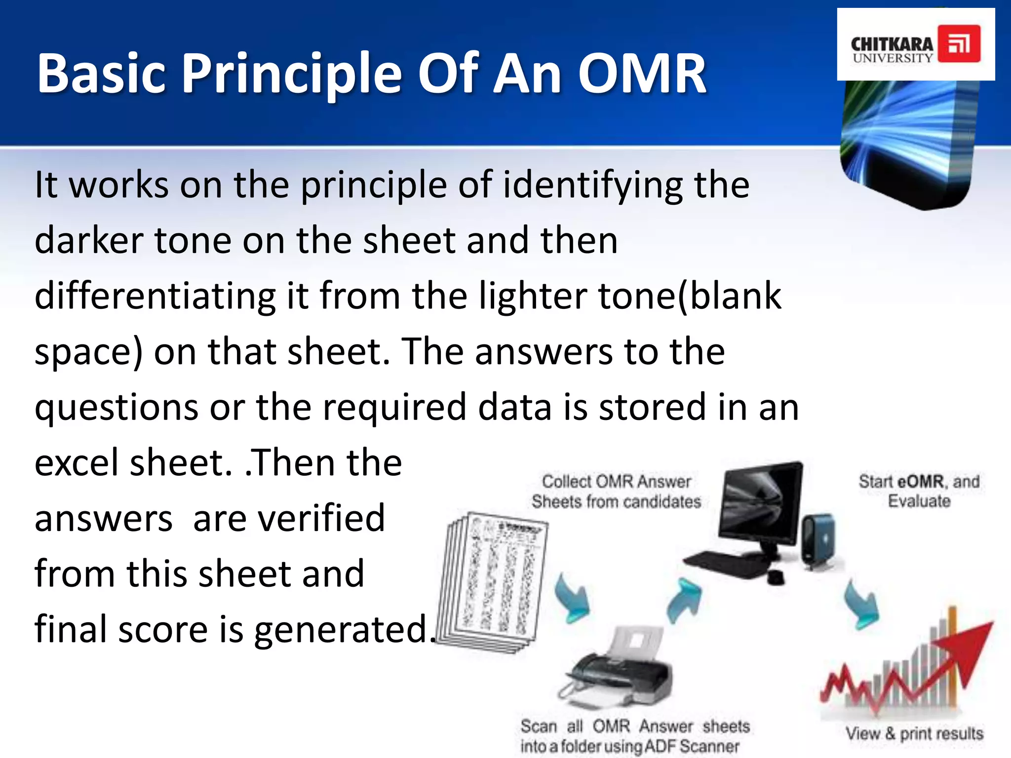 Basic Principle Of An OMR
It works on the principle of identifying the
darker tone on the sheet and then
differentiating it from the lighter tone(blank
space) on that sheet. The answers to the
questions or the required data is stored in an
excel sheet. .Then the
answers are verified
from this sheet and
final score is generated.
 