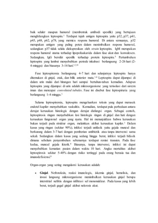 baik seluler maupun humoral (membentuk antibodi spesifik) yang bertujuan
menghilangkan leptospira.1 Terdapat tujuh antigen leptospira yaitu p32, p37, p41,
p45, p48, p62, p78, yang memicu respons humoral. Di antara semuanya, p32
merupakan antigen yang paling poten dalam menimbulkan respons humoral,
sedangkan p37 tidak selalu diekspresikan oleh strain leptospira. IgM merupakan
respons humoral utama terhadap lipopolisakarida dalam fase akut dan konvalesen.
Sedangkan, IgG bersifat spesifik terhadap protein leptospira.5 Pertumbuhan
leptospira yang lambat menyebabkan periode inkubasi berlangsung 2-26 hari (2-
4 minggu) dan biasanya 3-14 hari.1,3,4
Fase leptospiremia berlangsung 4-7 hari dan selanjutnya leptospira hanya
ditemukan di ginjal, otak, dan bilik anterior mata.1,6 Leptospira dapat dijumpai di
dalam urin mulai dari hitungan hari sampai bertahun-tahun kemudian. Adapun
leptospira yang dijumpai di urin adalah mikroorganisme yang terisolasi dari sistem
imun dan mencapai convoluted tubules. Fase ini disebut fase leptospiruria yang
berlangsung 1-4 minggu.1
Selama leptospiremia, leptospira mengeluarkan toksin yang dapat merusak
endotel kapiler menyebabkan vaskulitis. Kemudian, terdapat pula perbedaan antara
derajat kerusakan histologis dengan derajat disfungsi organ. Sebagai contoh,
leptospirosis ringan menyebabkan lesi histologis ringan di ginjal dan hati dengan
kerusakan fungsional organ yang nyata. Hal ini menunjukkan bahwa kerusakan
bukan terjadi pada struktur organ, melainkan akibat kerusakan kapiler.1 Dalam
kasus yang ringan (sekitar 90%), infeksi terjadi unifasik yaitu gejala muncul dan
berkurang dalam 3-7 hari dengan pemberian antibiotik atau tanpa intervensi sama
sekali. Sedangkan dalam kasus yang sedang hingga berat, infeksi terjadi bifasik
dimana sebelum penyembuhan sebenarnya terdapat remisi transien. Pada fase
kedua, muncul gejala ikterik.4 Biasanya, tanpa intervensi, infeksi ini dapat
menyebabkan kematian pasien dalam waktu 10 hari. Angka mortalitas akibat
leptospirosis sekitar 5-40% dengan risiko tertinggi pada orang berusia tua dan
imunodefisiensi.6
Organ-organ yang sering mengalami kerusakan adalah:
 Ginjal. Nefrotoksin, reaksi imunologis, iskemia ginjal, hemolisis, dan
invasi langsung mikroorganisme menimbulkan kerusakan ginjal berupa
interstitial nefritis dengan infiltrasi sel mononuklear. Pada kasus yang lebih
berat, terjadi gagal ginjal akibat nekrosis akut.
 