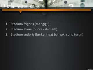  Manifestasi Klinis
1. Stadium frigoris (mengigil)
2. Stadium akme (puncak demam)
3. Stadium sudoris (berkeringat banyak, suhu turun)
 