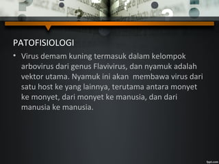 PATOFISIOLOGI
• Virus demam kuning termasuk dalam kelompok
arbovirus dari genus Flavivirus, dan nyamuk adalah
vektor utama. Nyamuk ini akan membawa virus dari
satu host ke yang lainnya, terutama antara monyet
ke monyet, dari monyet ke manusia, dan dari
manusia ke manusia.
 