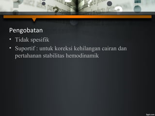 Pengobatan
• Tidak spesifik
• Suportif : untuk koreksi kehilangan cairan dan
pertahanan stabilitas hemodinamik
 