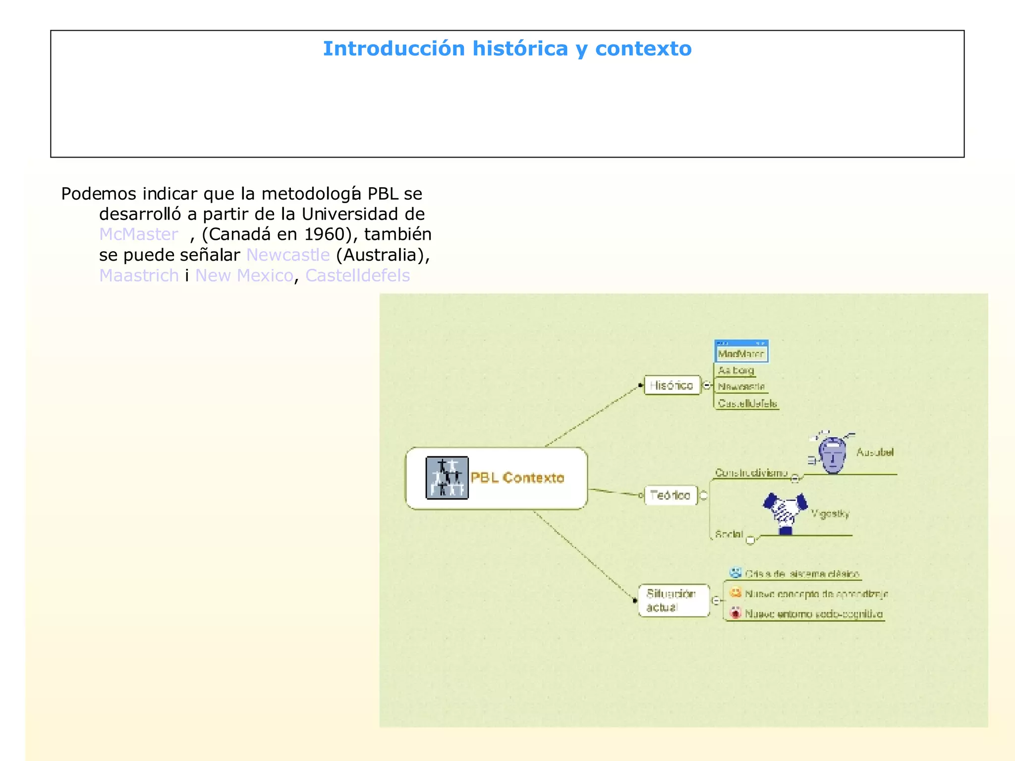 Introducción histórica y contexto Podemos indicar que la metodología PBL se desarrolló a partir de la Universidad de  McMaster   , (Canadá en 1960), también se puede señalar  Newcastle  (Australia),  Maastrich  i  New Mexico ,  Castelldefels  
