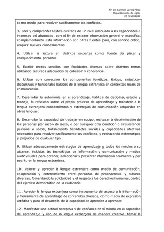 Mª del Carmen Carilla Pérez
Departamento de inglés
IES GENERALIFE
como medio para resolver pacíficamente los conflictos.
3. Leer y comprender textos diversos de un nivel adecuado a las capacidades e
intereses del alumnado, con el fin de extraer información general y específica,
complementando esta información con otras fuentes para, con sentido crítico,
adquirir nuevos conocimientos.
4. Utilizar la lectura en distintos soportes como fuente de placer y
enriquecimiento personal.
5. Escribir textos sencillos con finalidades diversas sobre distintos temas
utilizando recursos adecuados de cohesión y coherencia.
6. Utilizar con corrección los componentes fonéticos, léxicos, sintáctico -
discursivos y funcionales básicos de la lengua extranjera en contextos reales de
comunicación.
7. Desarrollar la autonomía en el aprendizaje, hábitos de disciplina, estudio y
trabajo, la reflexión sobre el propio proceso de aprendizaje y transferir a la
lengua extranjera conocimientos y estrategias de comunicación adquiridas en
otras lenguas.
8. Desarrollar la capacidad de trabajar en equipo, rechazar la discriminación de
las personas por razón de sexo, o por cualquier otra condición o circunstancia
personal o social, fortaleciendo habilidades sociales y capacidades afectivas
necesarias para resolver pacíficamente los conflictos, y rechazando estereotipos
y prejuicios de cualquier tipo.
9. Utilizar adecuadamente estrategias de aprendizaje y todos los medios a su
alcance, incluidas las tecnologías de información y comunicación y medios
audiovisuales para obtener, seleccionar y presentar información oralmente y por
escrito en la lengua extranjera.
10. Valorar y apreciar la lengua extranjera como medio de comunicación,
cooperación y entendimiento entre personas de procedencias y culturas
diversas, fomentando la solidaridad y el respeto a los derechos humanos, dentro
del ejercicio democrático de la ciudadanía.
11. Apreciar la lengua extranjera como instrumento de acceso a la información
y herramienta de aprendizaje de contenidos diversos, como medio de expresión
artística y para el desarrollo de la capacidad de aprender a aprender.
12. Manifestar una actitud receptiva y de confianza en sí mismo en la capacidad
de aprendizaje y uso de la lengua extranjera de manera creativa, tomar la
 