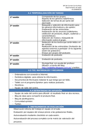 Mª del Carmen Carilla Pérez
Departamento de inglés
IES GENERALIFE
4.2 TEMPORALIZACIÓN DE TAREAS
1ª sesión - Composición de los grupos.
- Reparto de los géneros radiofónicos.
- Selección de temas de por parte del
alumnado
2ª sesión - Búsqueda y selección de información para
los géneros informativos y de opinión.
- Preparación de las entrevistas.
- Preparación de los anuncios publicitarios.
(Selección de producto, slogan, audiencia y
características)
- Selección de música y búsqueda de
información sobre el grupo.
3ª sesión - Redacción de los textos que serán leídos en
las noticias.
- Realización de las entrevistas (Invitación de
agentes externos a participar en la siguiente
sesión de grabación)
- Ensayo por grupos del podcasts
4ª sesión - Grabación de podcasts
5ª sesión - Grabación de podcasts.
6ª sesión - Montaje final con ayuda del profesor
- Difusión a través del blog
http://eslpbl4a.blogspot.com.es/ y twitter.
4.3 TIC: MATERIALES Y RECURSOS
- Ordenadores con conexión a Internet.
- Periódicos digitales para obtener la información.
- Documentos de Word para redactar lo que tenga que ser leído.
- Tablet con el programa Sprieker para realizas podcasts.
- Micrófono.
- Equipo de radio del centro.
4.4 ESTRATEGIAS DE DIFUSIÓN
- Equipo de radio del centro para difundir el resultado final en dos recreos.
- Blog de clase para compartir el producto final.
- Blog de plurilingüismo.
- Comunidad sprieker.
- Twitter.
5. INSTRUMENTOS DE EVALUACIÓN
- Observación directa del trabajo en equipo en el aula.
- Evaluación por equipos del ensayo previo a las grabaciones finales.
- Autoevaluación mediante checklists en cada sesión.
- Autoevaluación del proceso completo con la matriz de valoración del
proyecto.
 