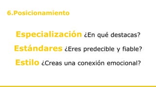 6.Posicionamiento
Especialización ¿En qué destacas?
Estándares ¿Eres predecible y fiable?
Estilo ¿Creas una conexión emocional?
 