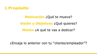 1.Propósito
Motivación ¿Qué te mueve?
Visión y Objetivos ¿Qué quieres?
Misión ¿A qué te vas a dedicar?
¿Encaja lo anterior con tu “cliente/empleador”?
 