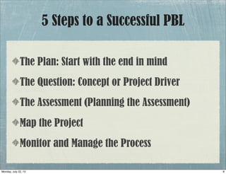 5 Steps to a Successful PBL
The Plan: Start with the end in mind
The Question: Concept or Project Driver
The Assessment (Planning the Assessment)
Map the Project
Monitor and Manage the Process
8Monday, July 22, 13
 