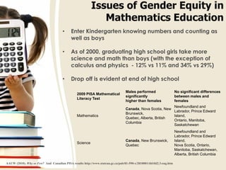 Issues of Gender Equity in
Mathematics Education
• Enter Kindergarten knowing numbers and counting as
well as boys
• As of 2000, graduating high school girls take more
science and math than boys (with the exception of
calculus and physics - 12% vs 11% and 34% vs 29%)
• Drop off is evident at end of high school
2009 PISA Mathematical
Literacy Test
Males performed
significantly
higher than females
No significant differences
between males and
females
Mathematics
Canada, Nova Scotia, New
Brunswick,
Quebec, Alberta, British
Columbia
Newfoundland and
Labrador, Prince Edward
Island,
Ontario, Manitoba,
Saskatchewan
Science
Canada, New Brunswick,
Quebec
Newfoundland and
Labrador, Prince Edward
Island,
Nova Scotia, Ontario,
Manitoba, Saskatchewan,
Alberta, British Columbia
AAUW (2010). Why so Few? And Canadian PISA results http://www.statcan.gc.ca/pub/81-590-x/2010001/tbl/tbl2.3-eng.htm
 
