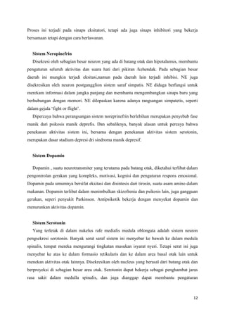 12
Proses ini terjadi pada sinaps eksitatori, tetapi ada juga sinaps inhibitori yang bekerja
bersamaan tetapi dengan cara berlawanan.
Sistem Neropinefrin
Disekresi oleh sebagian besar neuron yang ada di batang otak dan hipotalamus, membantu
pengaturan seluruh aktivitas dan suara hati dari pikiran /kehendak. Pada sebagian besar
daerah ini mungkin terjadi eksitasi,namun pada daerah lain terjadi inhibisi. NE juga
disekresikan oleh neuron postgangglion sistem saraf simpatis. NE diduga berfungsi untuk
merekam informasi dalam jangka panjang dan membantu mengembangkan sinaps baru yang
berhubungan dengan memori. NE dilepaskan karena adanya rangsangan simpatetis, seperti
dalam gejala ‘fight or flight’.
Dipercaya bahwa perangsangan sistem noreprinefrin berlebihan merupakan penyebab fase
manik dari psikosis manik deprefis. Dan sebaliknya, banyak alasan untuk percaya bahwa
penekanan aktivitas sistem ini, bersama dengan penekanan aktivitas sistem serotonin,
merupakan dasar stadium depresi dri sindroma manik depresif.
Sistem Dopamin
Dopamin , suatu neurotransmiter yang terutama pada batang otak, diketahui terlibat dalam
pengontrolan gerakan yang kompleks, motivasi, kognisi dan pengaturan respons emosional.
Dopamin pada umumnya bersifat eksitasi dan disintesis dari tirosin, suatu asam amino dalam
makanan. Dopamin terlibat dalam menimbulkan skizofrenia dan psikosis lain, juga gangguan
gerakan, seperi penyakit Parkinson. Antipsikotik bekerja dengan menyekat dopamin dan
menurunkan aktivitas dopamin.
Sistem Serotonin
Yang terletak di dalam nukelus rafe medialis medula oblongata adalah sistem neuron
pengsekresi serotonin. Banyak serat saraf sistem ini menyebar ke bawah ke dalam medula
spinalis, tempat mereka mengurangi tingkatan masukan isyarat nyeri. Tetapi serat ini juga
menyebar ke atas ke dalam formasio retikularis dan ke dalam area basal otak lain untuk
menekan aktivitas otak lainnya. Disekresikan oleh nucleus yang berasal dari batang otak dan
berproyeksi di sebagian besar area otak. Serotonin dapat bekerja sebagai penghambat jaras
rasa sakit dalam medulla spinalis, dan juga dianggap dapat membantu pengaturan
 