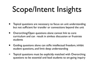 Scope/Intent Insights
•   Topical questions are necessary to focus on unit understanding
    but not sufﬁcient for transfer or connections beyond the unit

•   Overarching/Open questions alone cannot link to core
    curriculum and can result in aimless discussion or frustrate
    students

•   Guiding questions alone can stiﬂe intellectual freedom, inhibit
    student questions, and limit deep understanding

•   Topical questions must be explicitly matched with Overarching
    questions to be essential and lead students to on-going inquiry
 
