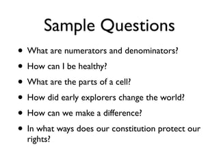 Sample Questions
• What are numerators and denominators?
• How can I be healthy?
• What are the parts of a cell?
• How did early explorers change the world?
• How can we make a difference?
• In what ways does our constitution protect our
  rights?
 