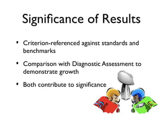 Signiﬁcance of Results
•   Criterion-referenced against standards and
    benchmarks

•   Comparison with Diagnostic Assessment to
    demonstrate growth

•   Both contribute to signiﬁcance
 