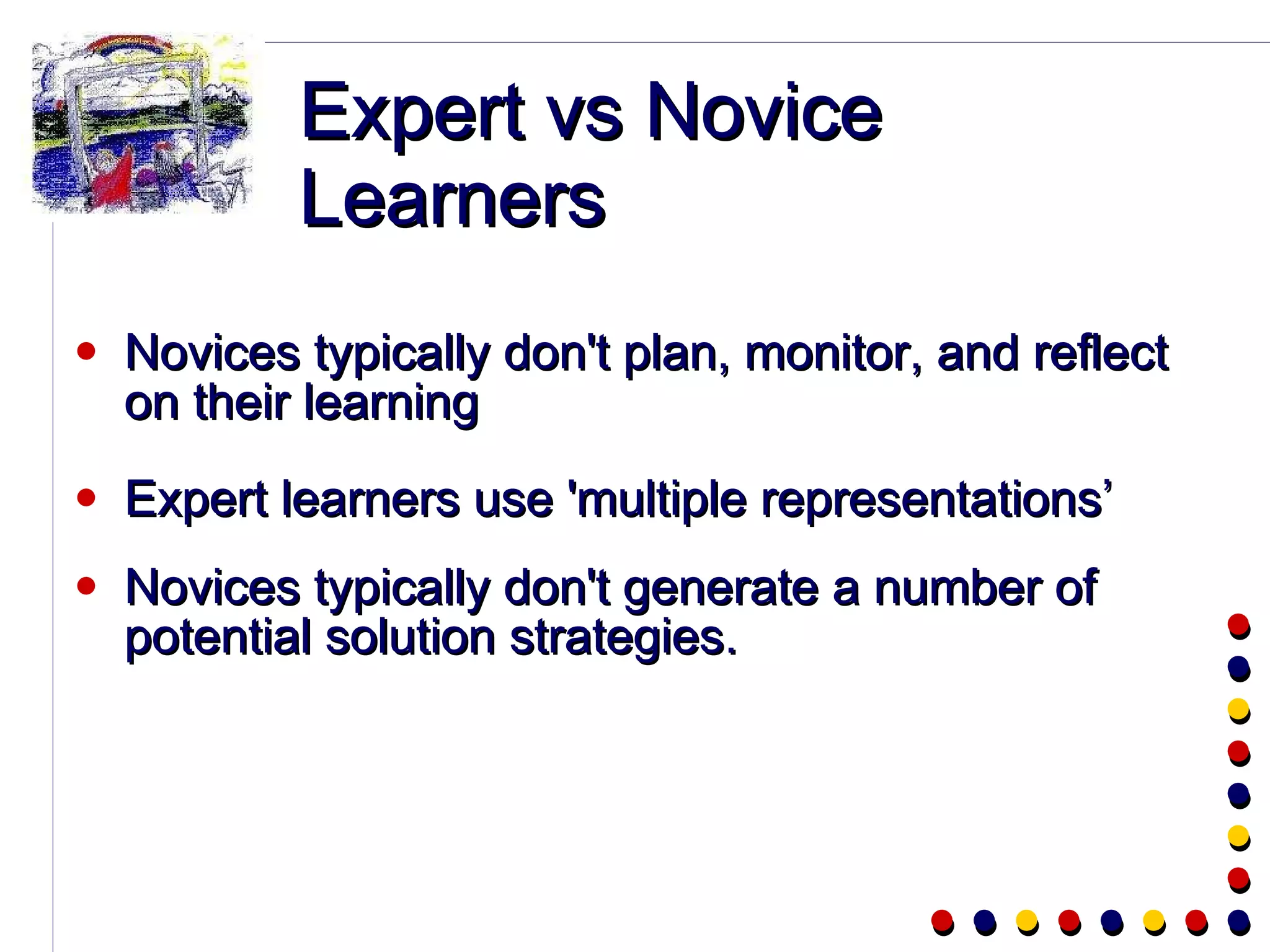 Expert vs Novice Learners Novices typically don't plan, monitor, and reflect on their learning Expert learners use 'multiple representations’ Novices typically don't generate a number of potential solution strategies. 