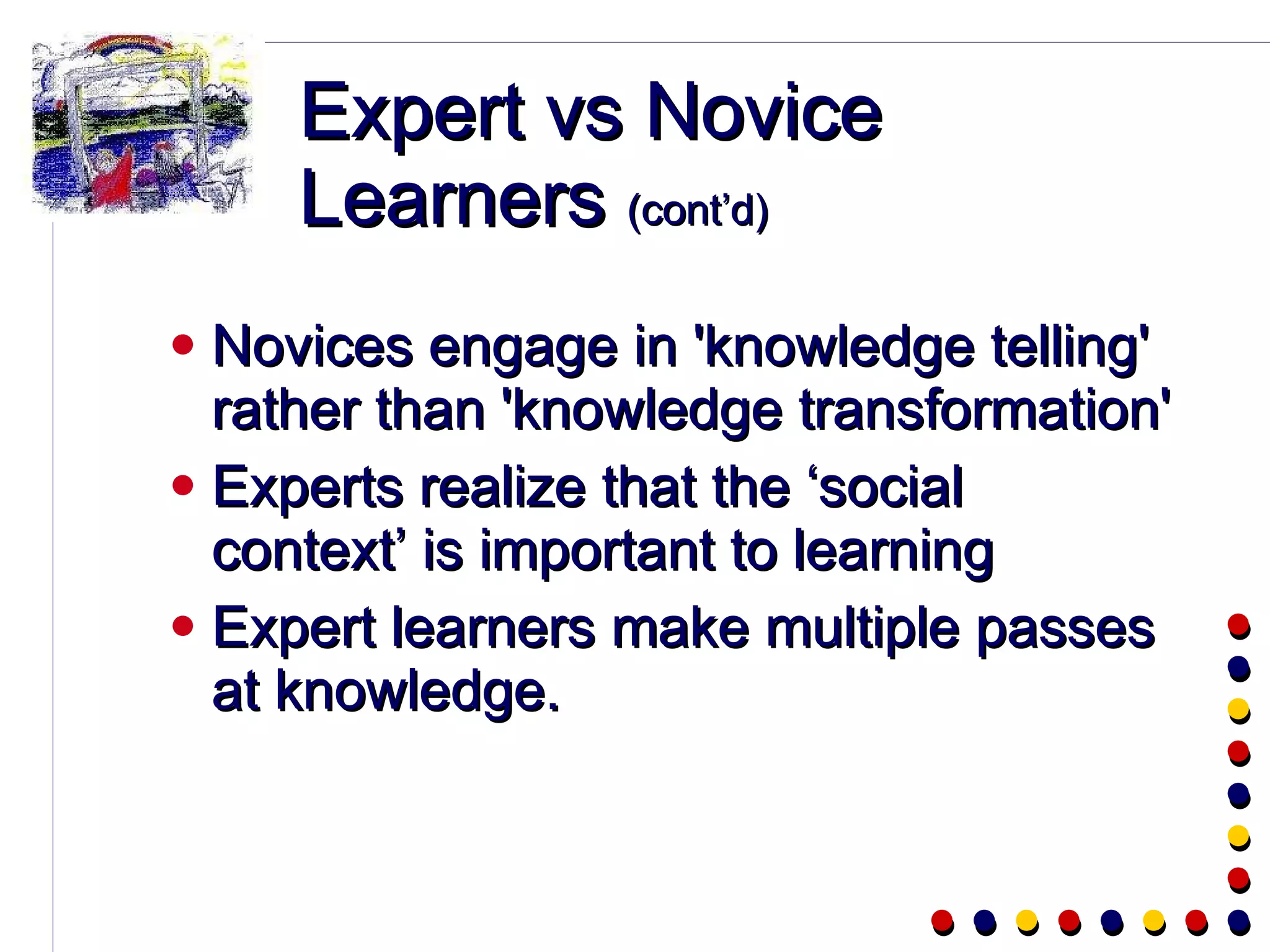 Expert vs Novice Learners  (cont’d) Novices engage in 'knowledge telling' rather than 'knowledge transformation' Experts realize that the ‘social context’ is important to learning Expert learners make multiple passes at knowledge. 