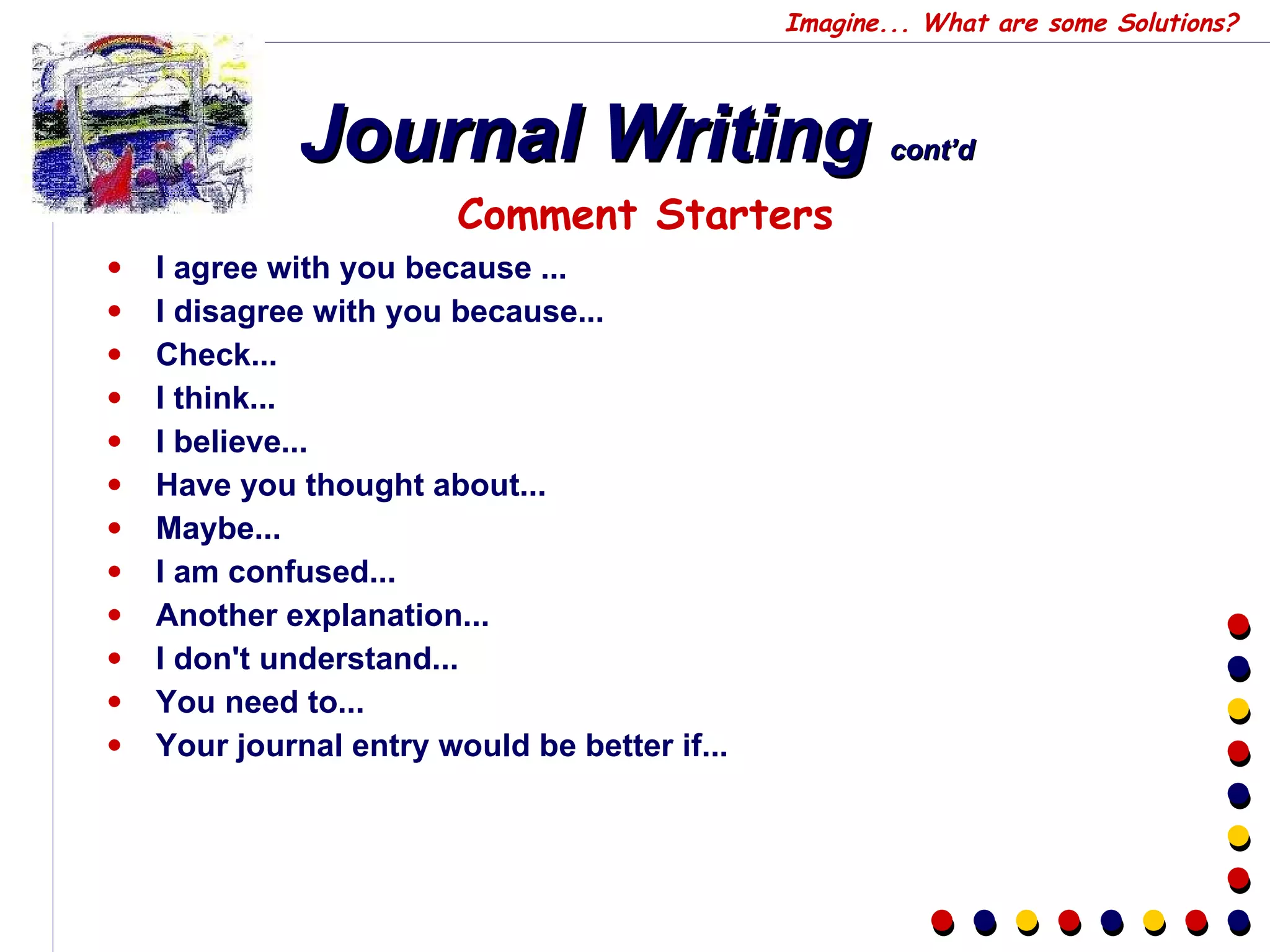 Journal Writing  cont’d I agree with you because ... I disagree with you because... Check... I think... I believe... Have you thought about... Maybe... I am confused... Another explanation... I don't understand... You need to... Your journal entry would be better if... Comment Starters Imagine... What are some Solutions? 
