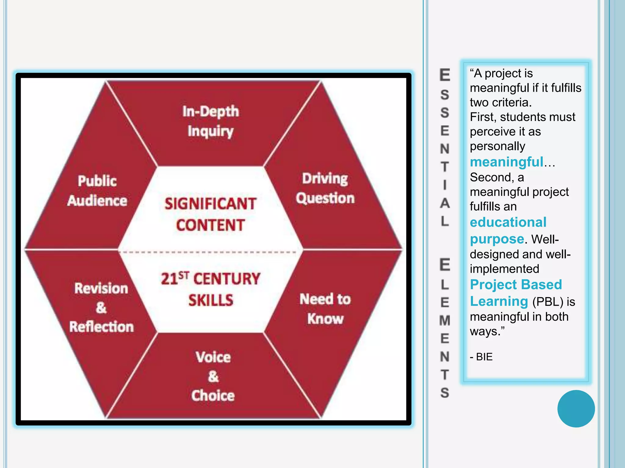 “A project is
meaningful if it fulfills
two criteria.
First, students must
perceive it as
personally
meaningful…
Second, a
meaningful project
fulfills an
educational
purpose. Well-
designed and well-
implemented
Project Based
Learning (PBL) is
meaningful in both
ways.”

- BIE
 