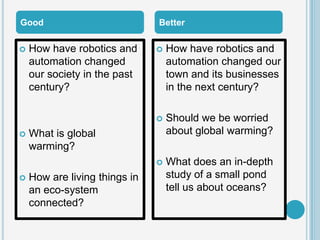 Good                           Better

   How have robotics and         How have robotics and
    automation changed             automation changed our
    our society in the past        town and its businesses
    century?                       in the next century?

                                  Should we be worried
   What is global                 about global warming?
    warming?
                                  What does an in-depth
   How are living things in       study of a small pond
    an eco-system                  tell us about oceans?
    connected?
 
