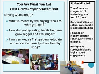 You Are What You Eat               Student-directed

     First Grade Project-Based Unit          Transformative
                                             integration of
Driving Question(s)?                         technology and
                                             web 2.0 tools.
    What is meant by the saying “You are    Communication, cr
               what you eat? “               eation, collaboratio
                                             n, and contribution.
    How do healthy eating habits help me
                                             Focused on
        grow bigger and live longer?
                                             inquiry, problem-
    How can we, as first graders, educate   solving, and critical
                                             thinking.
     our school community about healthy
                   living?                   Perceptions
                                             surveys indicated
                                             high student
                                             engagement.
 