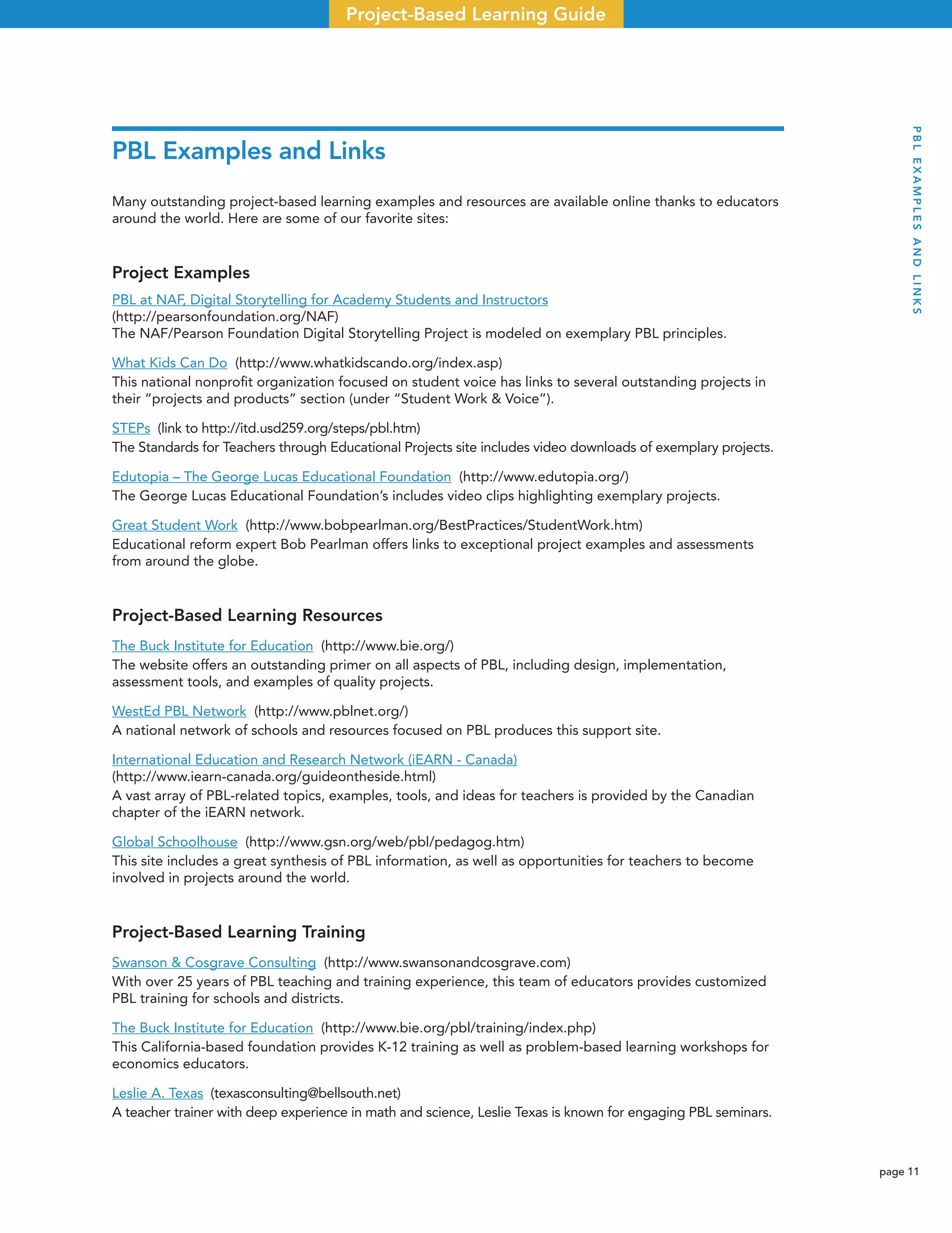 page 11
Project-Based Learning Guide
PBL Examples and Links
Many outstanding project-based learning examples and resources are available online thanks to educators
around the world. Here are some of our favorite sites:
Project Examples
PBL at NAF, Digital Storytelling for Academy Students and Instructors
(http://pearsonfoundation.org/NAF)
The NAF/Pearson Foundation Digital Storytelling Project is modeled on exemplary PBL principles.
What Kids Can Do (http://www.whatkidscando.org/index.asp)
This national nonproﬁt organization focused on student voice has links to several outstanding projects in
their “projects and products” section (under “Student Work & Voice”).
STEPs (link to http://itd.usd259.org/steps/pbl.htm)
The Standards for Teachers through Educational Projects site includes video downloads of exemplary projects.
Edutopia – The George Lucas Educational Foundation (http://www.edutopia.org/)
The George Lucas Educational Foundation’s includes video clips highlighting exemplary projects.
Great Student Work (http://www.bobpearlman.org/BestPractices/StudentWork.htm)
Educational reform expert Bob Pearlman offers links to exceptional project examples and assessments
from around the globe.
Project-Based Learning Resources
The Buck Institute for Education (http://www.bie.org/)
The website offers an outstanding primer on all aspects of PBL, including design, implementation,
assessment tools, and examples of quality projects.
WestEd PBL Network (http://www.pblnet.org/)
A national network of schools and resources focused on PBL produces this support site.
International Education and Research Network (iEARN - Canada)
(http://www.iearn-canada.org/guideontheside.html)
A vast array of PBL-related topics, examples, tools, and ideas for teachers is provided by the Canadian
chapter of the iEARN network.
Global Schoolhouse (http://www.gsn.org/web/pbl/pedagog.htm)
This site includes a great synthesis of PBL information, as well as opportunities for teachers to become
involved in projects around the world.
Project-Based Learning Training
Swanson & Cosgrave Consulting (http://www.swansonandcosgrave.com)
With over 25 years of PBL teaching and training experience, this team of educators provides customized
PBL training for schools and districts.
The Buck Institute for Education (http://www.bie.org/pbl/training/index.php)
This California-based foundation provides K-12 training as well as problem-based learning workshops for
economics educators.
Leslie A. Texas (texasconsulting@bellsouth.net)
A teacher trainer with deep experience in math and science, Leslie Texas is known for engaging PBL seminars.
PBLEXAMPLESANDLINKS
 