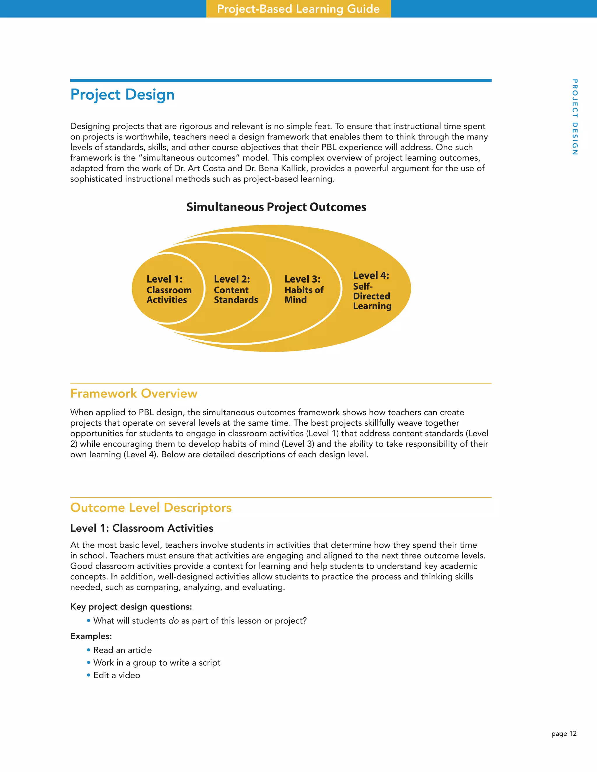 page 12
Project-Based Learning Guide
Project Design
Designing projects that are rigorous and relevant is no simple feat. To ensure that instructional time spent
on projects is worthwhile, teachers need a design framework that enables them to think through the many
levels of standards, skills, and other course objectives that their PBL experience will address. One such
framework is the “simultaneous outcomes” model. This complex overview of project learning outcomes,
adapted from the work of Dr. Art Costa and Dr. Bena Kallick, provides a powerful argument for the use of
sophisticated instructional methods such as project-based learning.
Framework Overview
When applied to PBL design, the simultaneous outcomes framework shows how teachers can create
projects that operate on several levels at the same time. The best projects skillfully weave together
opportunities for students to engage in classroom activities (Level 1) that address content standards (Level
2) while encouraging them to develop habits of mind (Level 3) and the ability to take responsibility of their
own learning (Level 4). Below are detailed descriptions of each design level.
Outcome Level Descriptors
Level 1: Classroom Activities
At the most basic level, teachers involve students in activities that determine how they spend their time
in school. Teachers must ensure that activities are engaging and aligned to the next three outcome levels.
Good classroom activities provide a context for learning and help students to understand key academic
concepts. In addition, well-designed activities allow students to practice the process and thinking skills
needed, such as comparing, analyzing, and evaluating.
Key project design questions:
• What will students do as part of this lesson or project?
Examples:
• Read an article
• Work in a group to write a script
• Edit a video
�����������������������������
��������
����������
����������
��������
�������
���������
��������
���������
����
��������
�����
��������
��������
PROJECTDESIGN
 