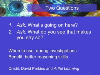 Two Questions Ask:  What’s going on here? Ask:  What do you see that makes you say so? When to use: during investigations Benefit: better reasoning skills Credit: David Perkins and  Artful Learning 