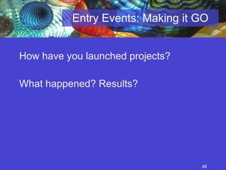 Entry Events: Making it GO How have you launched projects?  What happened? Results?  