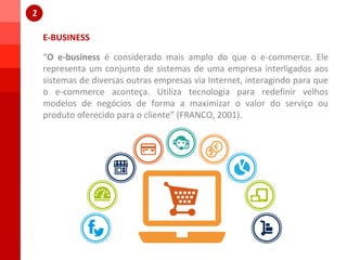 E-BUSINESS
“O e-business é considerado mais amplo do que o e-commerce. Ele
representa um conjunto de sistemas de uma empresa interligados aos
sistemas de diversas outras empresas via Internet, interagindo para que
o e-commerce aconteça. Utiliza tecnologia para redefinir velhos
modelos de negócios de forma a maximizar o valor do serviço ou
produto oferecido para o cliente” (FRANCO, 2001).
 