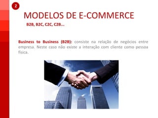 B2B, B2C, C2C, C2B...
MODELOS DE E-COMMERCE
Business to Business (B2B): consiste na relação de negócios entre
empresa. Neste caso não existe a interação com cliente como pessoa
física.
 