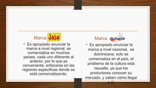 Marca Jajá Marca Sunami
• Es apropiado anunciar la
marca a nivel nacional, es
dominicana, solo se
comercializa en el país, el
problema de la cultura está
resuelto, ya que los
productores conocen su
mercado, y saben cómo llegar
a él.
• Es apropiado anunciar la
marca a nivel regional, se
comercializa en muchos
países, cada uno diferente al
anterior, por lo que es
conveniente, enfocarse en las
regiones especificas donde se
está comercializando.
 