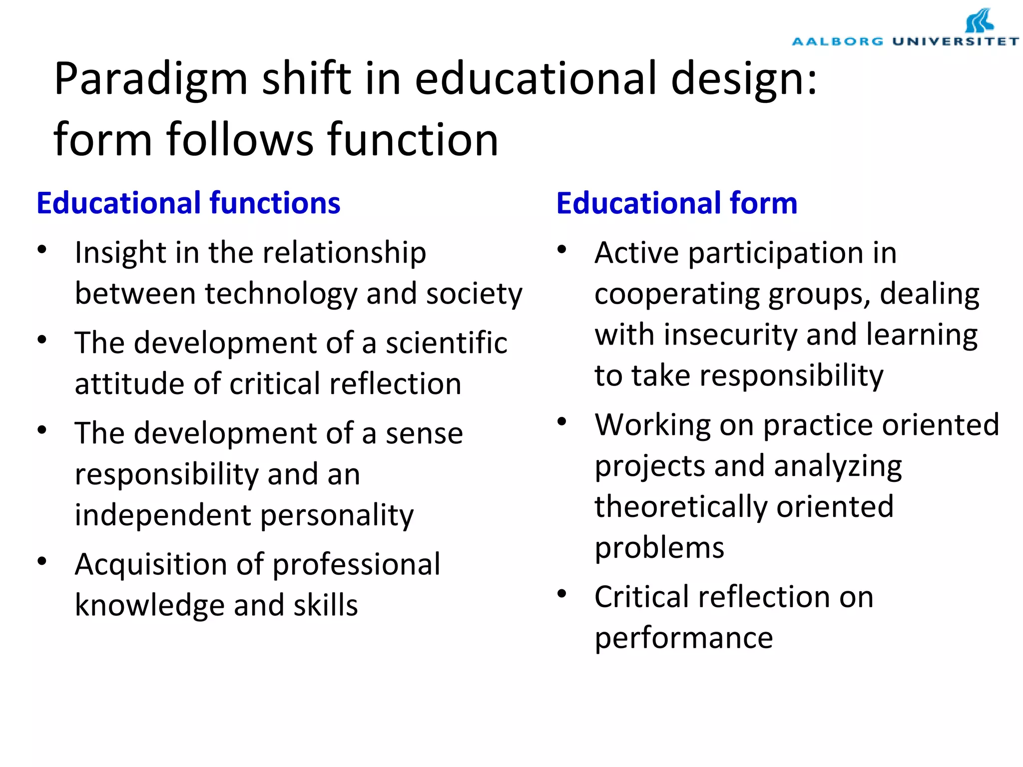 Paradigm shift in educational design:
form follows function
Educational functions
• Insight in the relationship
between technology and society
• The development of a scientific
attitude of critical reflection
• The development of a sense
responsibility and an
independent personality
• Acquisition of professional
knowledge and skills
Educational form
• Active participation in
cooperating groups, dealing
with insecurity and learning
to take responsibility
• Working on practice oriented
projects and analyzing
theoretically oriented
problems
• Critical reflection on
performance
 