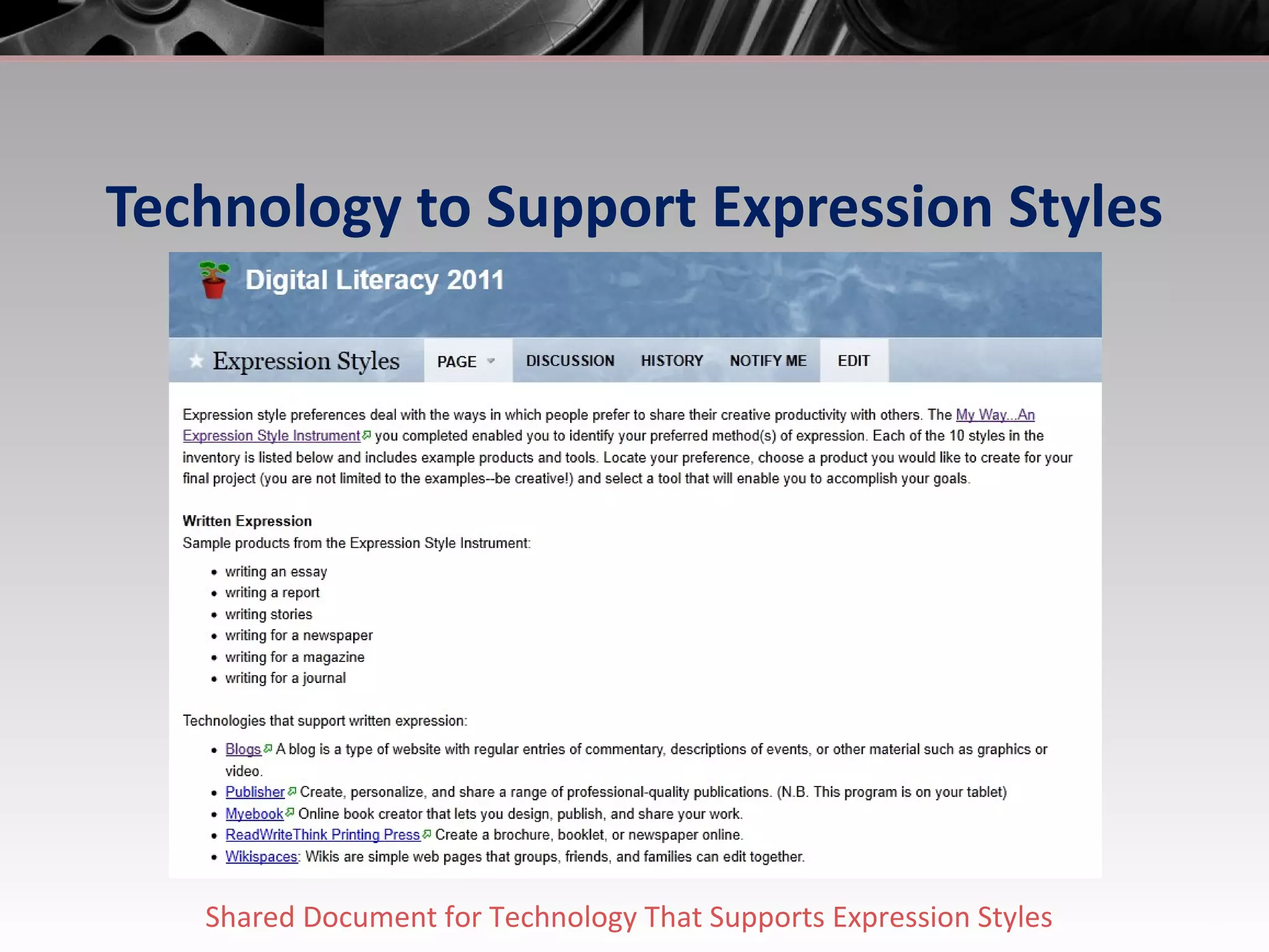 Technology to Support Expression Styles Shared Document for Technology That Supports Expression Styles 