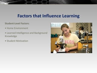 Factors that Influence Learning Student-Level Factors : •  Home Environment •  Learned Intelligence and Background Knowledge •  Student Motivation 