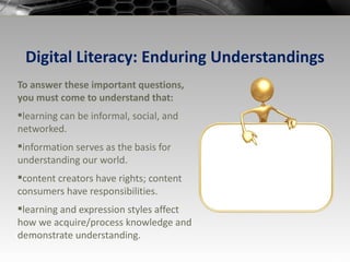 Digital Literacy: Enduring Understandings To answer these important questions, you must come to understand that: learning can be informal, social, and networked. information serves as the basis for understanding our world. content creators have rights; content consumers have responsibilities. learning and expression styles affect how we acquire/process knowledge and demonstrate understanding. 