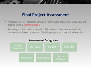 Final Project Assessment All final projects, regardless of topic or form, were presented in advisory and graded using a  common rubric . Providing a rubric helps ensure that (1) students clearly understand the requirements/expectations and (2) all topics/products are valued equally. Assessment Categories 