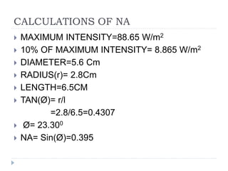 CALCULATIONS OF NA
 MAXIMUM INTENSITY=88.65 W/m2
 10% OF MAXIMUM INTENSITY= 8.865 W/m2
 DIAMETER=5.6 Cm
 RADIUS(r)= 2.8Cm
 LENGTH=6.5CM
 TAN(Ø)= r/l
=2.8/6.5=0.4307
 Ø= 23.300
 NA= Sin(Ø)=0.395
 