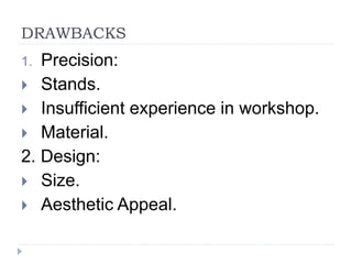 DRAWBACKS
1. Precision:
 Stands.
 Insufficient experience in workshop.
 Material.
2. Design:
 Size.
 Aesthetic Appeal.
 