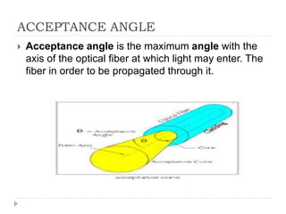 ACCEPTANCE ANGLE
 Acceptance angle is the maximum angle with the
axis of the optical fiber at which light may enter. The
fiber in order to be propagated through it.
 