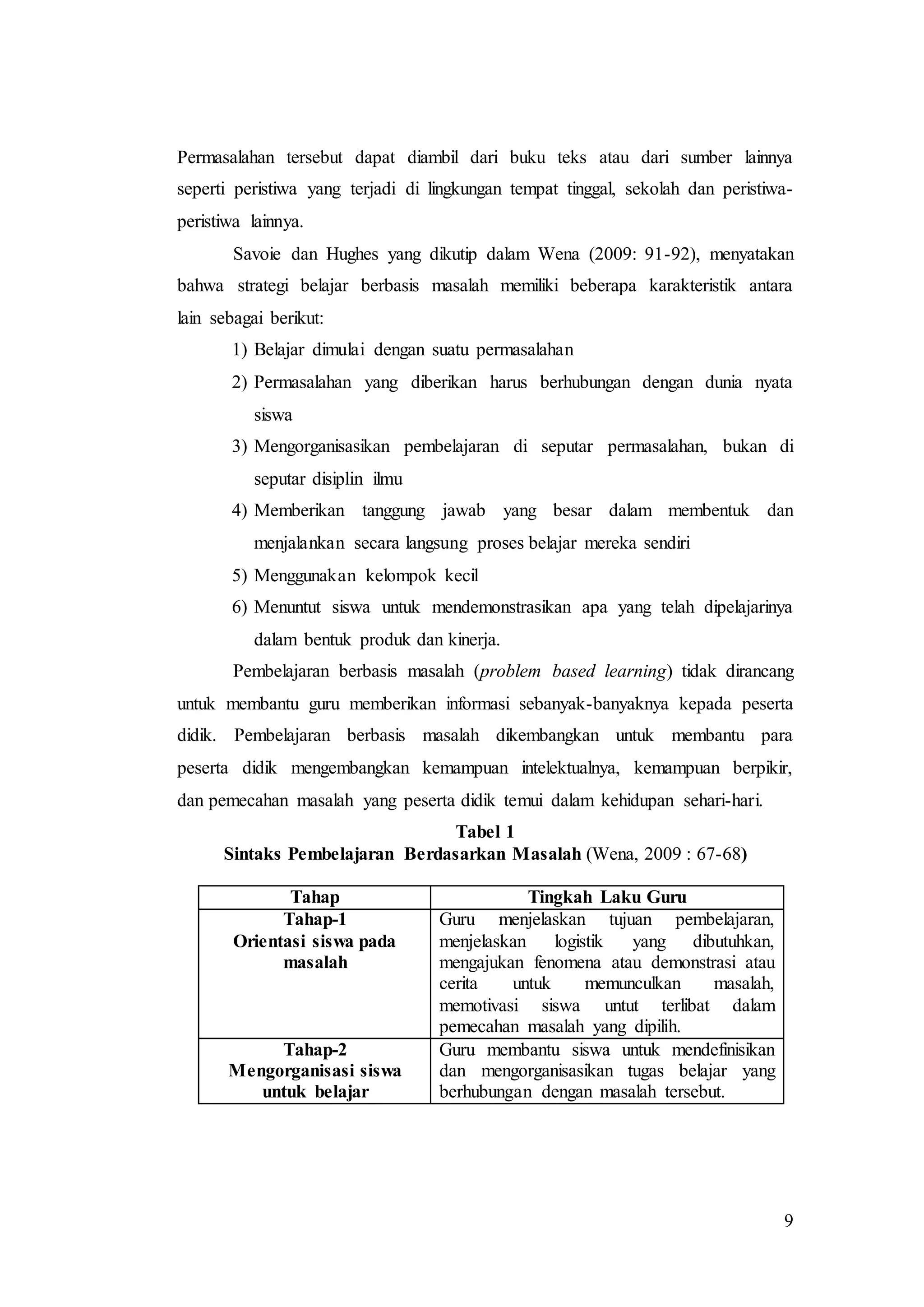 9
Permasalahan tersebut dapat diambil dari buku teks atau dari sumber lainnya
seperti peristiwa yang terjadi di lingkungan tempat tinggal, sekolah dan peristiwa-
peristiwa lainnya.
Savoie dan Hughes yang dikutip dalam Wena (2009: 91-92), menyatakan
bahwa strategi belajar berbasis masalah memiliki beberapa karakteristik antara
lain sebagai berikut:
1) Belajar dimulai dengan suatu permasalahan
2) Permasalahan yang diberikan harus berhubungan dengan dunia nyata
siswa
3) Mengorganisasikan pembelajaran di seputar permasalahan, bukan di
seputar disiplin ilmu
4) Memberikan tanggung jawab yang besar dalam membentuk dan
menjalankan secara langsung proses belajar mereka sendiri
5) Menggunakan kelompok kecil
6) Menuntut siswa untuk mendemonstrasikan apa yang telah dipelajarinya
dalam bentuk produk dan kinerja.
Pembelajaran berbasis masalah (problem based learning) tidak dirancang
untuk membantu guru memberikan informasi sebanyak-banyaknya kepada peserta
didik. Pembelajaran berbasis masalah dikembangkan untuk membantu para
peserta didik mengembangkan kemampuan intelektualnya, kemampuan berpikir,
dan pemecahan masalah yang peserta didik temui dalam kehidupan sehari-hari.
Tabel 1
Sintaks Pembelajaran Berdasarkan Masalah (Wena, 2009 : 67-68)
Tahap Tingkah Laku Guru
Tahap-1
Orientasi siswa pada
masalah
Guru menjelaskan tujuan pembelajaran,
menjelaskan logistik yang dibutuhkan,
mengajukan fenomena atau demonstrasi atau
cerita untuk memunculkan masalah,
memotivasi siswa untut terlibat dalam
pemecahan masalah yang dipilih.
Tahap-2
Mengorganisasi siswa
untuk belajar
Guru membantu siswa untuk mendefinisikan
dan mengorganisasikan tugas belajar yang
berhubungan dengan masalah tersebut.
 