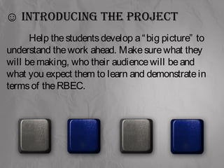 ☺ introducing the project 
Help the students develop a “big picture” to 
understand the work ahead. Make sure what they 
will be making, who their audience will be and 
what you expect them to learn and demonstrate in 
terms of the RBEC. 
 