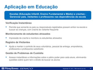 Aplicação em Educação
    Escolas (Educação Infantil, Ensino Fundamental e Médio) e creches -
    Gerenciar pais, visitantes e professores nas dependências da escola

Verificação Instantânea
 Permite que somente os pais ou responsáveis registrados possam entrar na escola e
   buscar as crianças, com crachá de visitante frequente

Monitoramento de estudantes atrasados
 Impressão de crachá e monitora os estudantes atrasados
Registro de Visitantes
 Ajuda a manter o controle de seus voluntários, pessoal de entrega, empreiteiros,
   professores e professores substitutos

Gestão de Problemas de Custódia
 Acesso instantâneo a informações sobre o pátrio poder para cada aluno, eliminando
   questões sobre quem tem o direito de buscar os alunos



                                                            September 10, 2012 PBS Internal use only   15
 