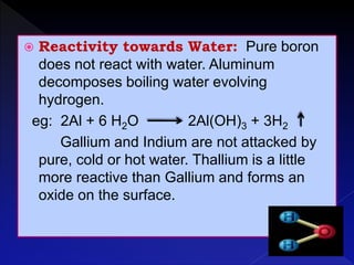  Reactivity towards Water: Pure boron
does not react with water. Aluminum
decomposes boiling water evolving
hydrogen.
eg: 2Al + 6 H2O 2Al(OH)3 + 3H2
Gallium and Indium are not attacked by
pure, cold or hot water. Thallium is a little
more reactive than Gallium and forms an
oxide on the surface.
 