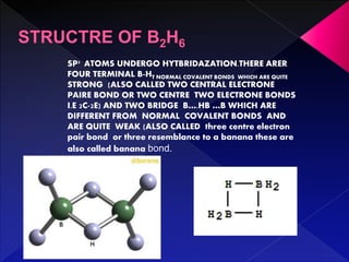 SP3 ATOMS UNDERGO HYTBRIDAZATION.THERE ARER
FOUR TERMINAL B-HT NORMAL COVALENT BONDS WHICH ARE QUITE
STRONG (ALSO CALLED TWO CENTRAL ELECTRONE
PAIRE BOND OR TWO CENTRE TWO ELECTRONE BONDS
I.E 2C-2E) AND TWO BRIDGE B….HB …B WHICH ARE
DIFFERENT FROM NORMAL COVALENT BONDS AND
ARE QUITE WEAK (ALSO CALLED three centre electron
pair bond or three resemblance to a banana these are
also called banana bond.
 